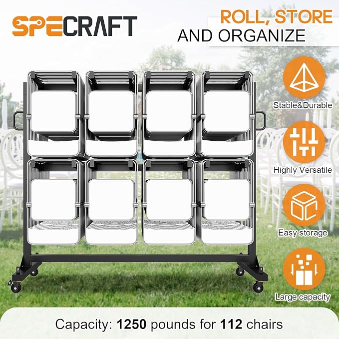 Specraft Folding Chair Rack, Holds 12 Tables or 112 Chairs, 1250 lbs Capacity, Heavy-Duty Cart with Wheels, Elastic Cords, Cover, Glossy Black
