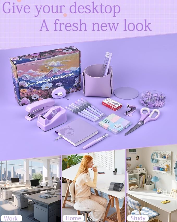 Purple Desk Accessories, Pencil case, Stapler, Pen and a Lot of Office Purple Office Supplies Beautifully Presented in a Gift Box