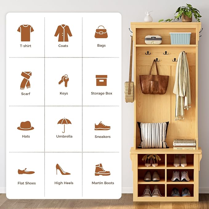 IRONCK 70"H 26"W Hall Tree with Bench and Shoe Storage, 6-in-1 Entryway Bench with Coat Rack, Adjustable Shelf, Hanging Hooks, 6 Shoe Cubby, 2 Tier Top Storage for Entryway, Bedroom, Living Room, Oak