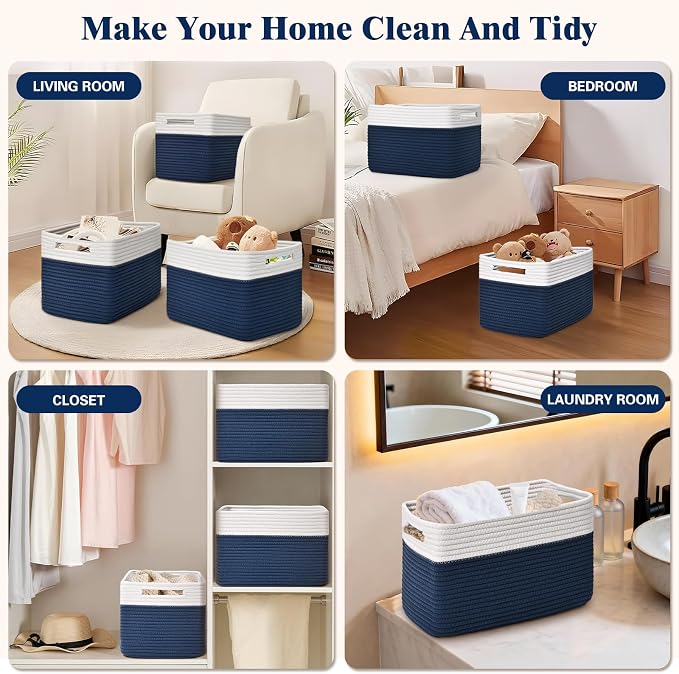 Storage Baskets for Organizing, 4 Pack Baskets for Shelves, Decorative Storage Bins for Shelves, Cotton Rope Storage Basket with Handles, Woven Basket for Storage, 13''Lx8.7''Wx7.9''H, White & Blue