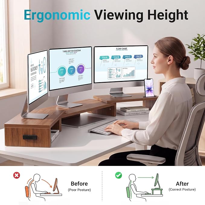 BONTEC Triple Monitor Stand Riser with Smartphone Holder, Adjustable Length & Swivel Angle, Ergonomic Wooden Desktop Organizer for PC Monitor, Laptop, Printer, Large Storage, 53.3 in, Walnut