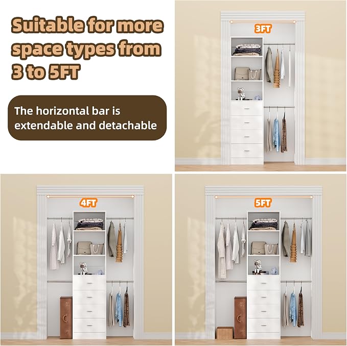 Closet System, 3Ft-5Ft Closet Organizer System With 4 Wooden Drawers, Walk-In Closet Storage System With 4 Expandable Hanging Rods, Adjustable Cloth Garment Rack from 3 to 5FT, White