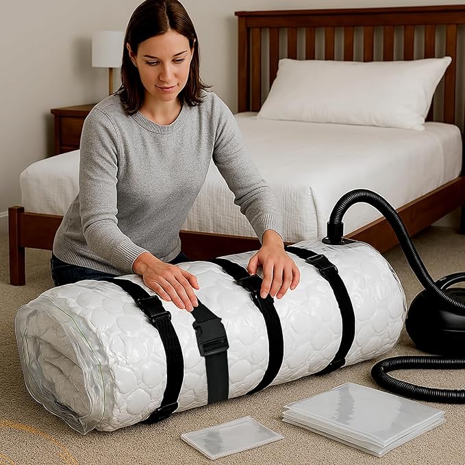 Queen/Full/Full-XL Mattress Vacuum Bag - 80% Space-Saving Compression with Heavy Duty Moving Straps and Leakproof Dual-Zip | Includes Canvas Organizer & Smart Label System