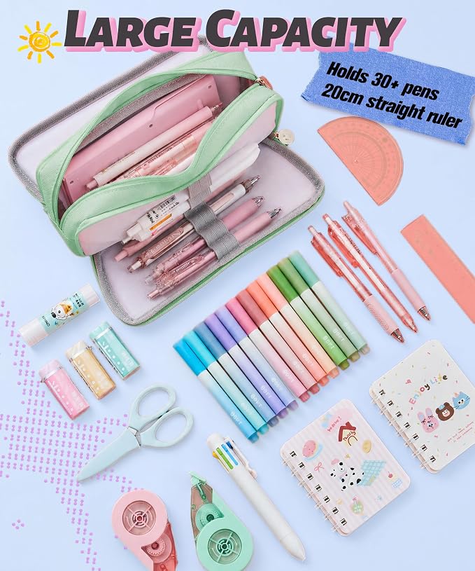 FAHZON Cute Pencil Case, 3 Large Compartments Pencil Pouch, Elastic Pen Slots&Mesh Pockets for Stationery, Pencil Bag for School Supplies with Zipper for Girls Boy Women Teens Adults-Green