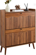 BERRYMERRY 31.5" Fluted Shoe Storage Cabinet with 2 Flip Drawers, Narrow Shoe Storage Organizer Rack with Wave Door for Entryway, Hallway, Living Room