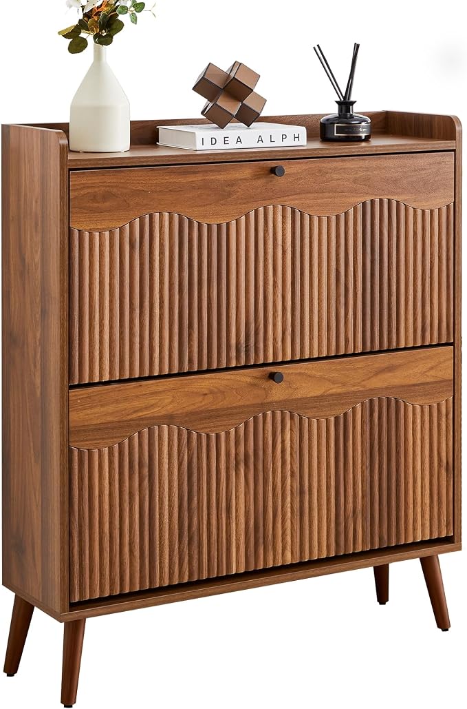 BERRYMERRY 31.5" Fluted Shoe Storage Cabinet with 2 Flip Drawers, Narrow Shoe Storage Organizer Rack with Wave Door for Entryway, Hallway, Living Room