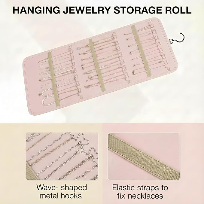 Hanging Jewelry Organizer, Dual-Sided Necklace Holder with Multiple Clear Pockets - Wall Mount & Over The Door Closet Storage for Earrings, Rings, Bracelets - 360° Rotating Hanger (1, pink, XL)