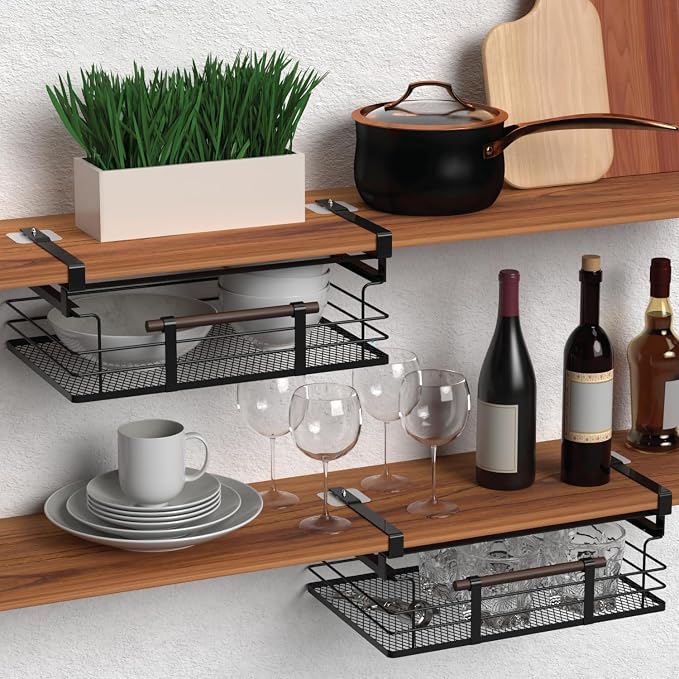 Home Zone Living Pull-Out Kitchen Cabinet Under Shelf Drawer Organizer | Steel Mesh Basket Frame with Wooden Handle, 17" x 11" x 7", Black