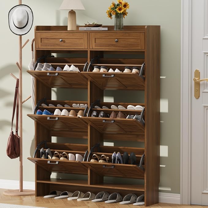 Thacuok Shoe Cabinet with 6 Flip Drawers & 2 Storage Drawers, Rustic Farmhouse Narrow Shoe Organizer Cabinet, Slim Shoe Rack Cabinet, Shoe Storage Cabinet for Entryway, Hallway, Front Door