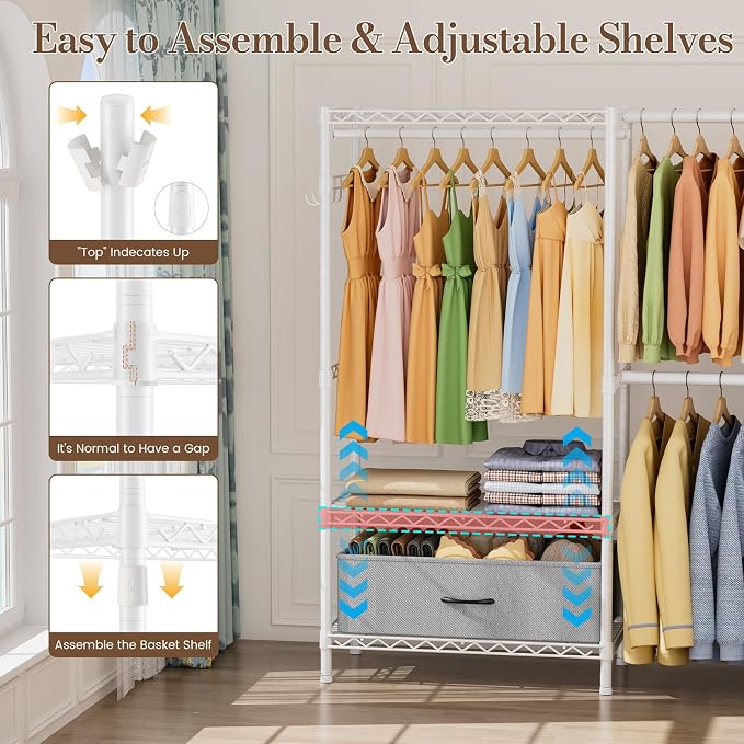 Golpart Heavy Duty Clothing Rack with Adjustable Shelves Clothes Wardrobe | Coat Rack Metal Closet Organizer and Storage Garment Rack for Hanging Clothes Wire Portable Cloth System Free Standing White