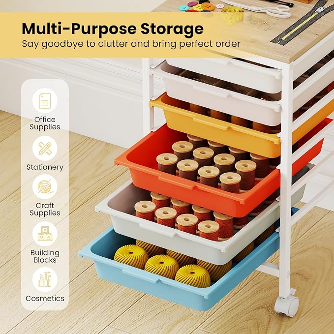 LDAILY Rolling Cart with Drawers, 6 Drawer Rolling Storage Cart with Wooden Tabletop, Metal Frame & Lockable Wheels, Craft Organizers and Storage for Home Office Classroom (Macaron, 6 Drawer)