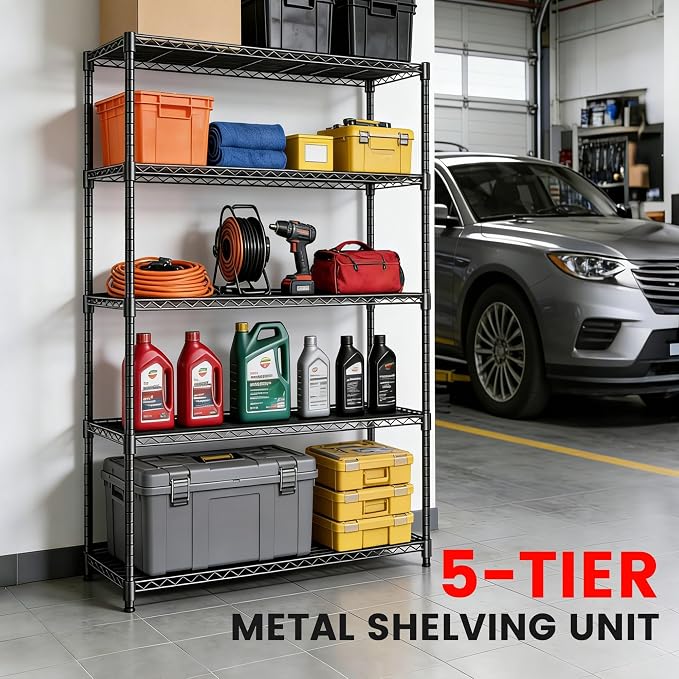 Xcity Storage Shelves, 5 Tier Heavy Duty Metal Shelving Unit, 2000 LBS Adjustable Steel Wire Shelf for Commercial, Pantry, Kitchen, Garage, 14" D x 30" W x 60" H, Black