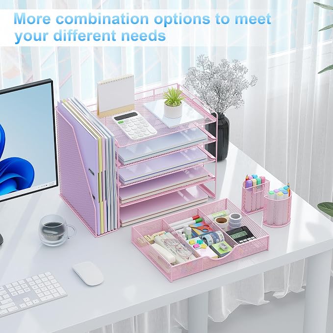gianotter 5-Tier Desk Organizer with Drawers, File Holders, Letter Trays and Pen Holders - Workspace Accessories for Office Supplies (Pink)