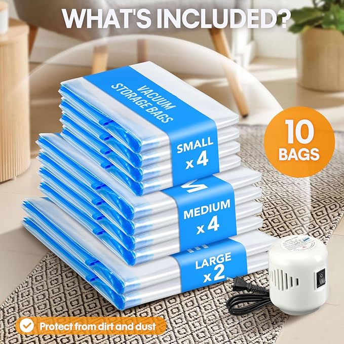 10 Pack Travel Vacuum Storage Bags With Electric Pump, Vacuum Seal Bags for Clothing, Vacuum Sealer Bags for Luggage, Travel Essentials