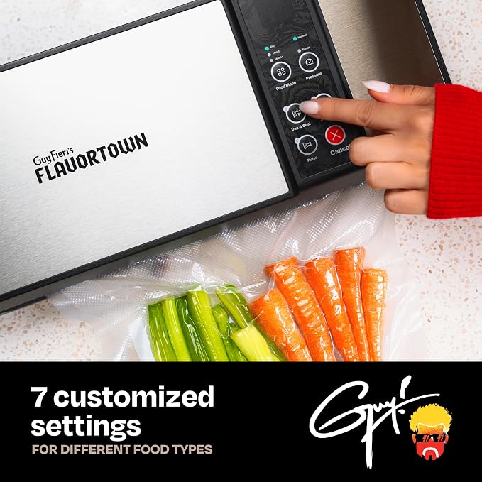 Guy Fieri's Flavortown Compact Vacuum Sealer, Dry & Moist Modes | Built-In Roll Storage, Includes 5 Quart Bags, 10ft Roll & Accessory Hose