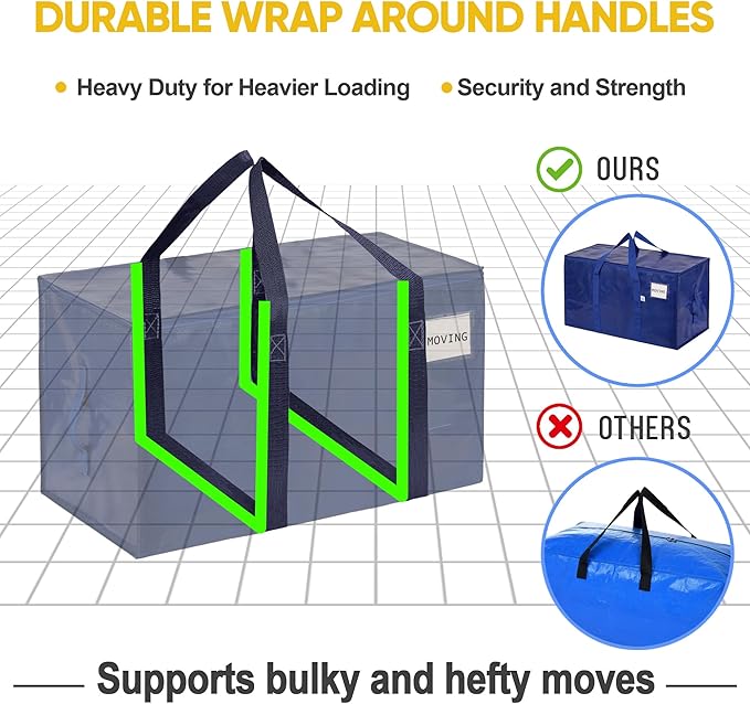 VENO 8 Pack Heavy Duty Moving Bags, 90L Extra Large Packing Storage Totes, 50lbs Load, Reinforced Handles, Zippers & Tag, for College Dorm Essentials, Clothes, Bedding (Blue)