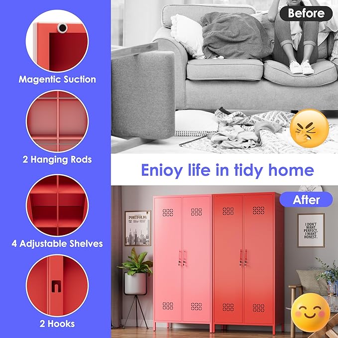 METAN 71" H*33.5" W*20" D Metal Wardrobe Closet with Lock,Extra Deep 2 Doors Metal Wardrobe Cabinet for Home,Assembly Required,Red