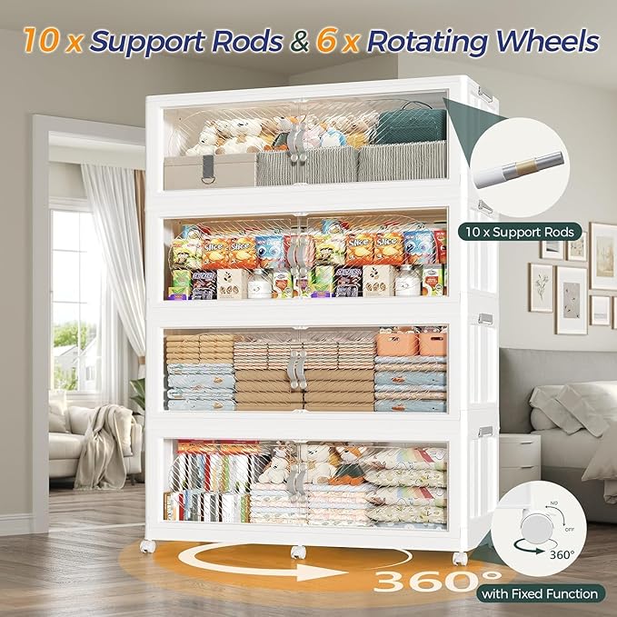 960QT Extra Large Stackable Storage Bins with Lid & Wheels & Doors, 240Gal Foldable Collapsible Closet Organizers, Plastic Cabinet Box Container Drawer for Home Kitchen Bedroom, 4Pack White