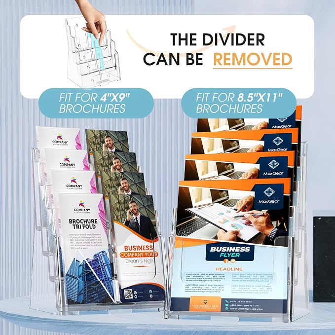 MaxGear 4 Tier Brochure Holder, 8.5 x 11, Removable Divider, 1 Pack | Clear Acrylic Material, Fits 8.5 x 11 Literature or 4 x 9 Brochures, Wall Mount or Countertop, Magazine Stand Display