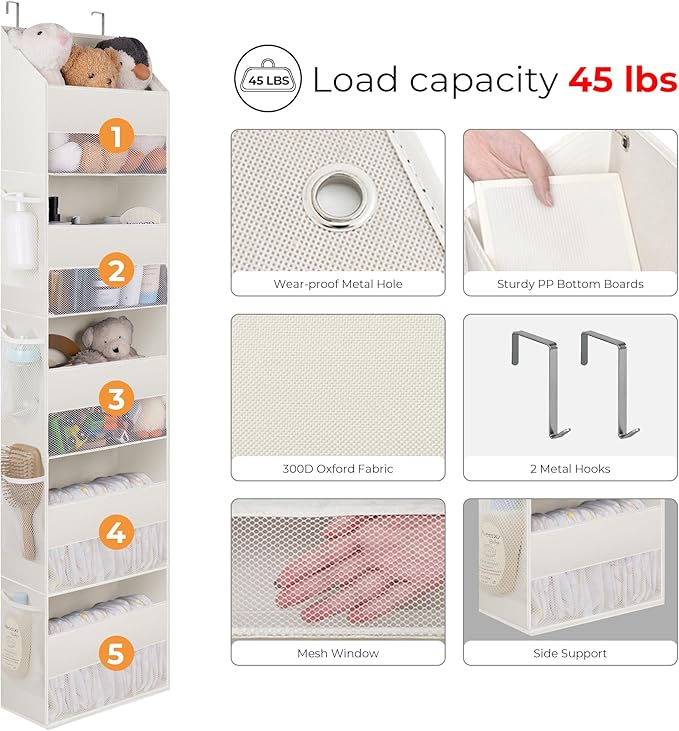 GRANNY SAYS Over the Door Organizer, 5-Shelf Behind the Door Storage with 8 Pockets and Clear Window, Anti Tilt 45lb Large Capacity Hanging Storage for Bedroom, Stuffed Animal, Beige, 2 Pack