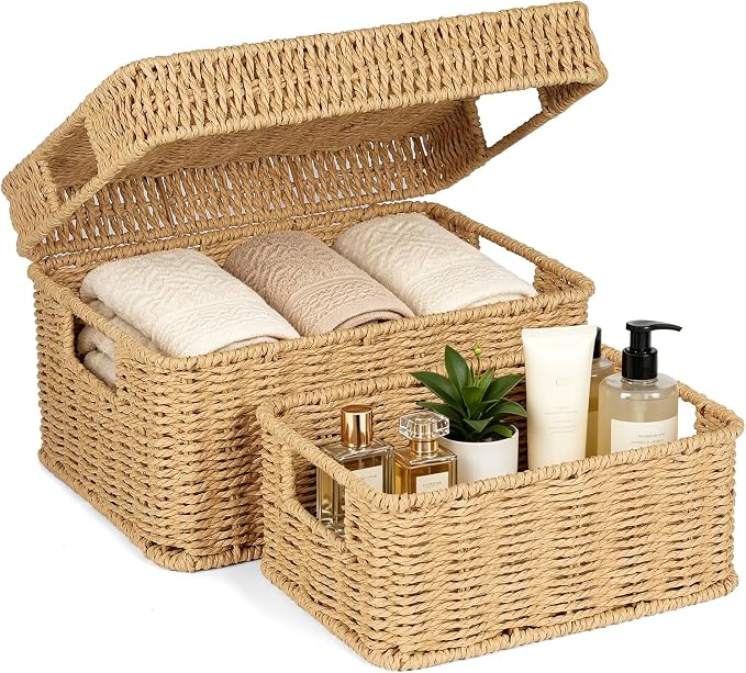 Wicker Storage Basket with Lid - Woven Basket for Storage,Rectangular Decorative Boxes Bins with Lids for Shelves,living room, Nursery, 2 baskets+1 lid(Natural)