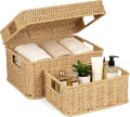 Wicker Storage Basket with Lid - Woven Basket for Storage,Rectangular Decorative Boxes Bins with Lids for Shelves,living room, Nursery, 2 baskets+1 lid(Natural)