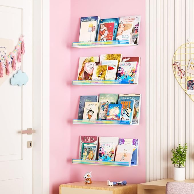 upsimples 4 Pcs 15" Iridescent Acrylic Shelves for Wall Decor and Display | Cute Floating Shelf for Perfume, Skincare, Nail Polish, Wall Organizer for Bedroom, Living Room, Playroom, Room Décor