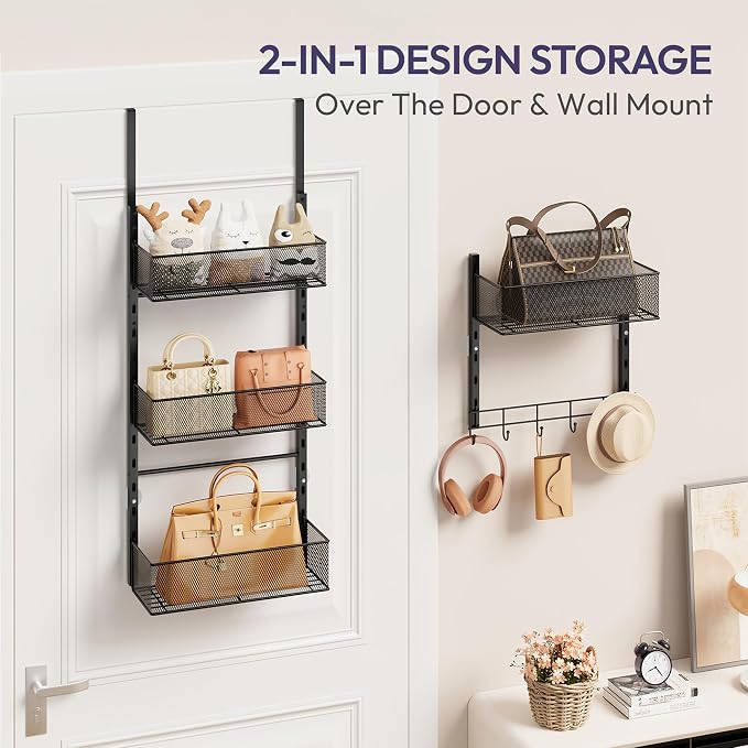 SWTYMIKI Over the Door Purse Organizer - Wall Mounted Purse Rack with 4 Adjustable Metal Basket and 6 Hooks, Hanging Bag Rack for Handbag Organizer, Bag Storage Can Use As 1/2 Part, for Door