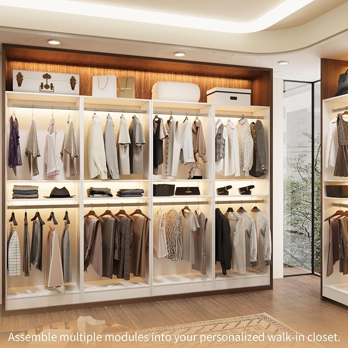VOWNER 25'' Freestanding Closet System Walk-in Wardrobe Closet Tower | White Shelves with 2 Hanging Rods, Modular Expandable Open Closet Organizers, Clothes Garment Rack for Small Closet