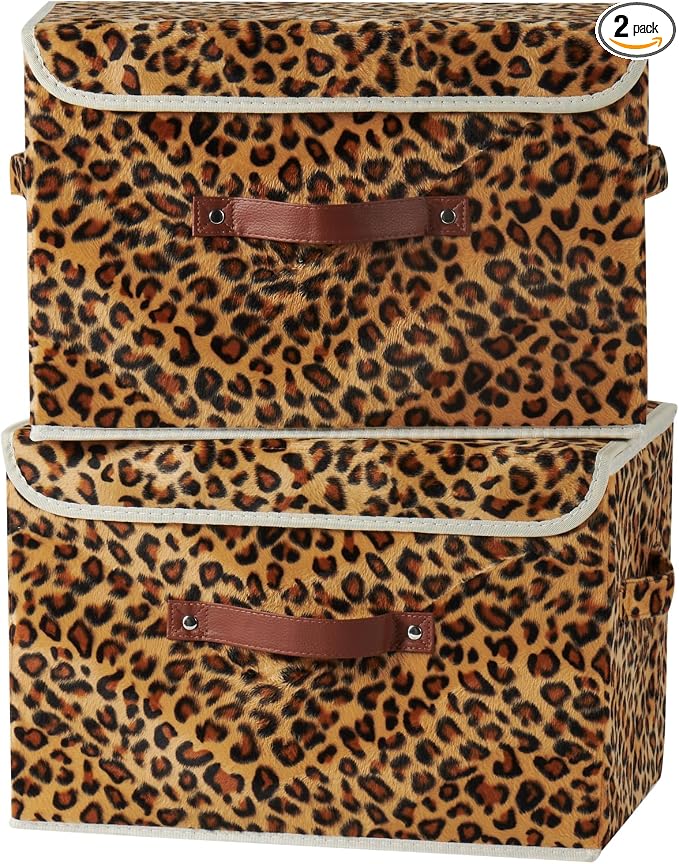2PCS Storage Bins with Lids Decorative Leopard Print Box Basket | Velvet Fabric, Faux Leather Handles, Washable PP Board, Foldable Lidded Clothes Container, Shelf Closet Organizer, Large Size