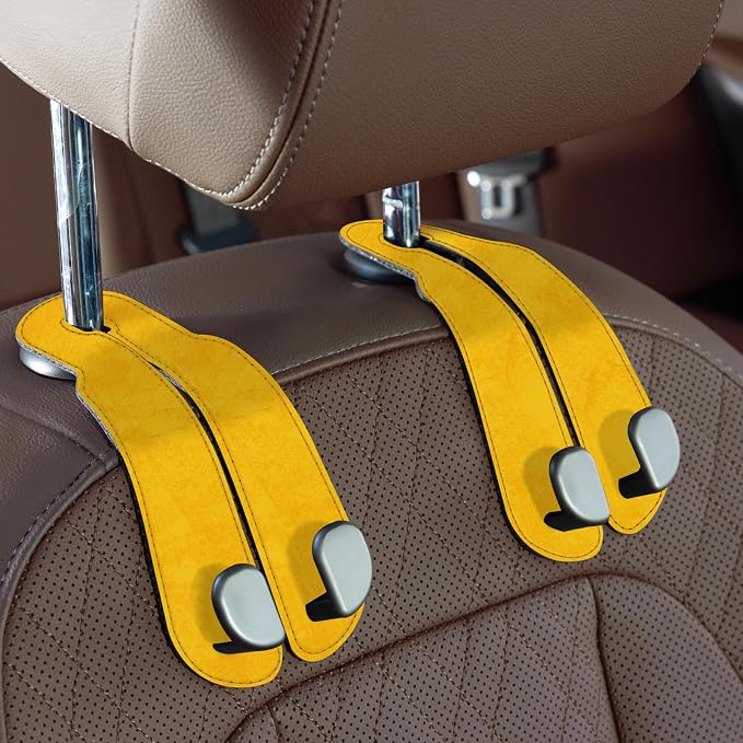 CoBak Purse Hook for Car - Universal Premium Stitched Leather and Aluminum-Magnesium Alloy Double Car Seat Back Storage Hook for Purses, Handbags, Bags (2 Pack),Bright Yellow