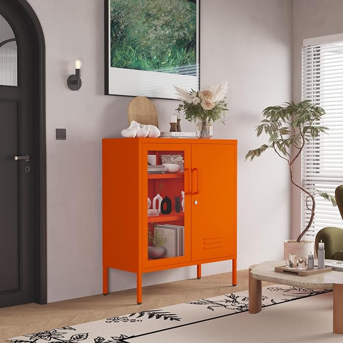 Lockable Metal Storage Cabinet Locker Adjustable Shelves, Modern Cabinets Versatile Storage Lockers Easy Assembly Durable Metal Sideboard Furniture for Living Room Home Office Orange
