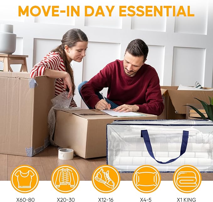 HealSmart 12 Pack Extra Large Moving Bags with Zippers & Carrying Handles, Heavy-Duty Storage Tote Moving Boxes for Dorm Room Essentials Storage Bags, Clear