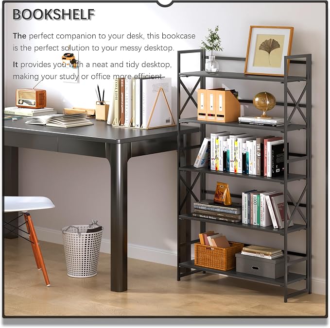 4NM Extra Wide 5 Tiers No Assembly Book Shelves, 51.2" H Folding Bookshelf Bookcase Open Industrial Foldable Shelves for Bedroom, Living Room, Home Office - All Black