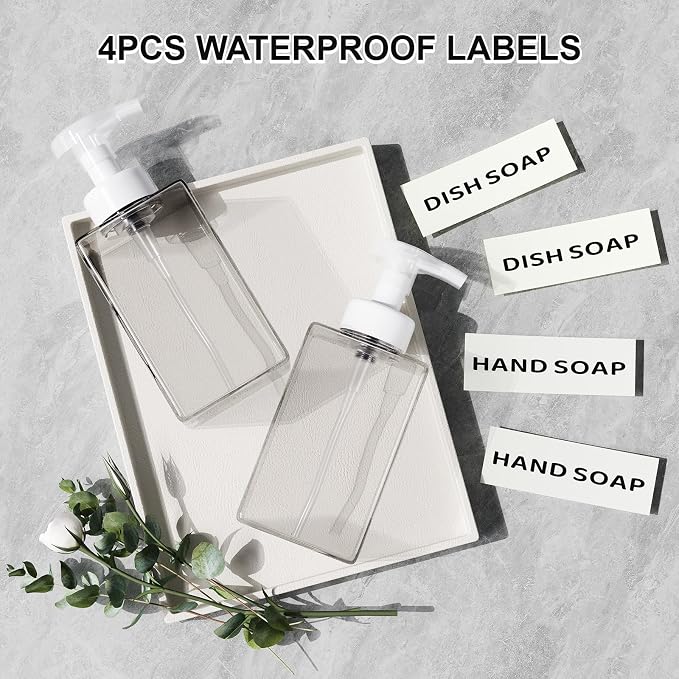Kzeirm Foaming Soap Dispenser for Bathroom & Kitchen 15 Oz, Refillable Foam Hand Soap Dispenser for Liquid Soap, 2Pcs Foam Pump Bottle with Waterproof Labels, Clear