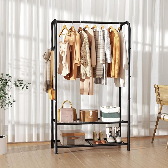 SINGAYE Wardrobe Standing Closet Clothing Rack With Shelf Hanging Clothes | Wardrobe Open Compact Small Metal Garment Hanger Stand Alone Free Standing Black Closet Rack Storage Organizer Heavy Duty