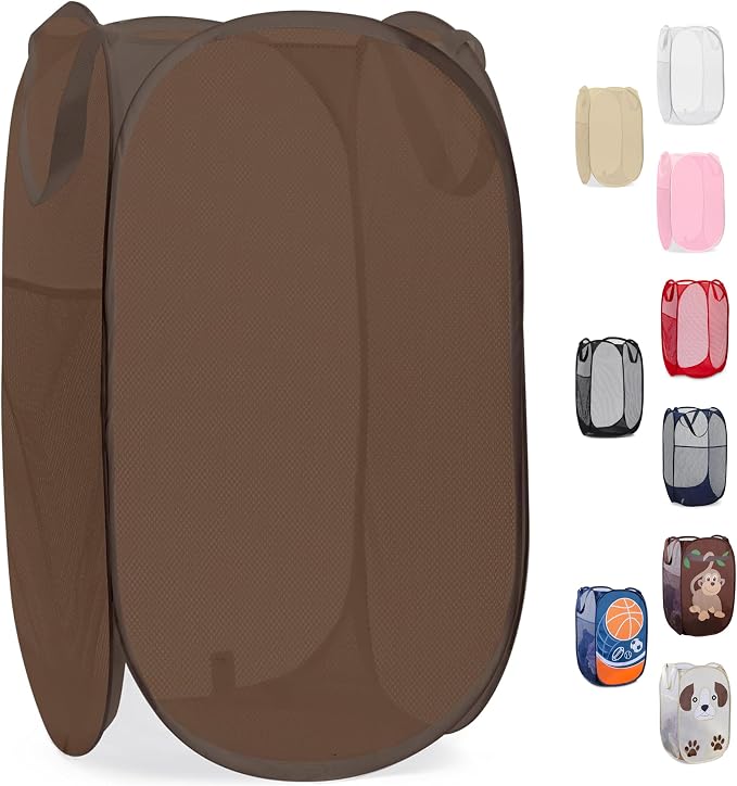 Handy Laundry Collapsible Mesh Pop Up Laundry Hamper with Side Pocket | Sturdy Reinforced Handles, Breathable Foldable Basket for Dorm, Travel, Cruise, Bedroom, 14 x 13 x 24 in, Brown