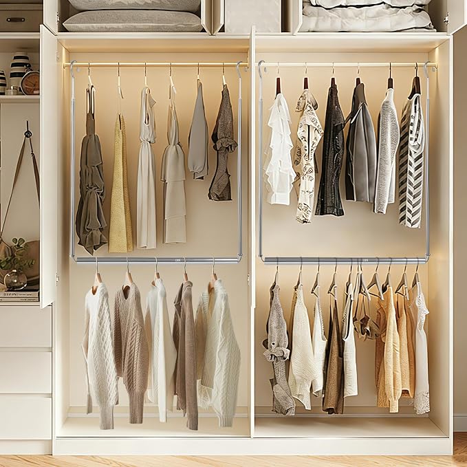 Foldable Hanging Closet Rod Adjustable Width and Height, Chrome | Space-Saving Clothes Hanging Bar，Heavy Duty Closet Hanging Organizer Closet Extender Hanging Rod Double Hanging Rod ,2 Pack