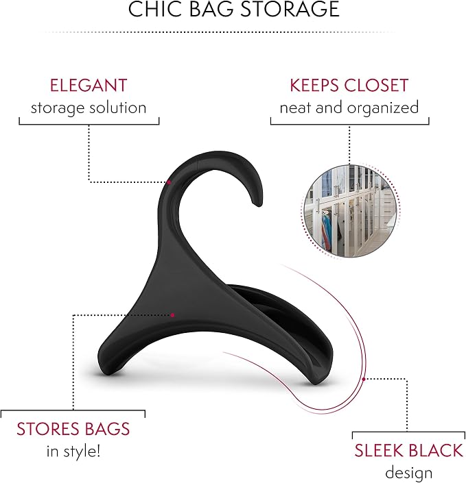 Bag-a-Vie Purse Hanger for Closet - Handbag Organizer Hooks for Hanging Bags & Purses, Protecting Bag Shape & Organizing Space (1 Hanger, Black Plastic)