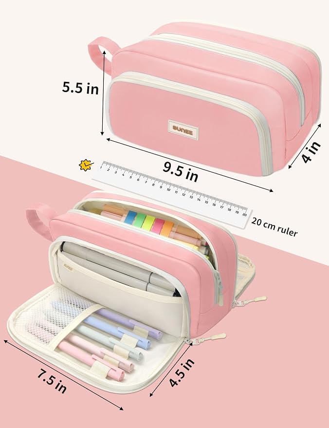 SUNEE Large Pencil Case, Big Capacity Pen Pouch with 3 Compartments, Kawaii Cute Pencil Bag with Zipper, High Storage Stationery Holder and Organizer, School Supplies for Teen and Adult Girls, Pink