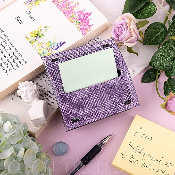 Framendino, Bling Self Sticky Note Holder 3 x 3 Inch Crystal Post It Notes Dispenser for Office Home Desk Accessories (Purple)