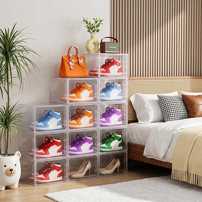 Large Shoe Boxes Clear Plastic Stackable, 8 Pack Drop Side Shoe Storage Organizer with Magnetic Door, Shoe Container Sneaker Storage Display Case Fit up to US Size 13 CLEAR