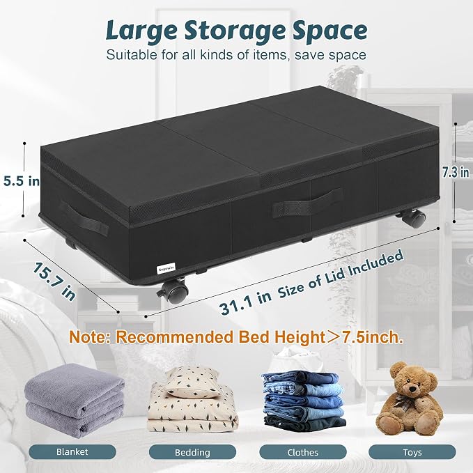 Supowin Under Bed Storage with Wheels, Rolling Underbed Storage Containers with Lids, Under Bed Shoe Storage Bins Organizer with Reinforced Metal Bottom Support and Three Handles