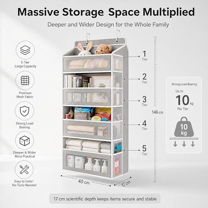 FUSHITON Over The Door Organizer with Anti-Tilt Design, 5 Shelf Hanging Grey Storage Rack Holds 44lb, Large Capacity Pockets for Bedroom Bathroom Pantry Nursery