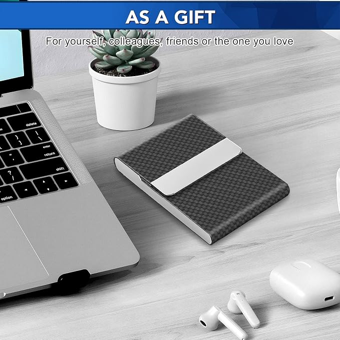 Business Card Holder, Metal Slim Business Card Case, Pocket Card Holder for Women or Men, PU Leather Business Card Holder Case RFID Blocking Name Card Holder with Magnetic Closure, Black Carbon