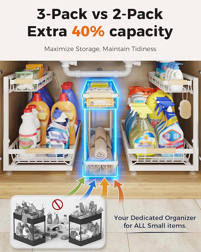 Sevenblue 3 Pack Under Sink Organizer, Multi-Purpose 2 Tier Pull-Out Metal Under Kitchen Sink Organizer, Height Adjustable Storage Shelves for Kitchen Bathroom Cabinet (White)
