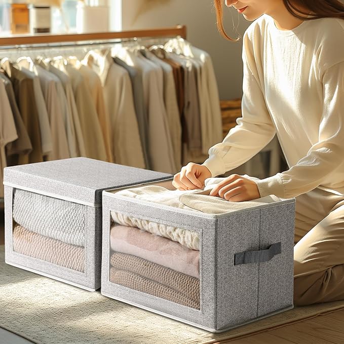 Homsorout Storage Boxes with Lids - 4 Pack Fabric Clear Window Storage Bins, Large Decorative Storage Bins with Handles, Linen Closet Organizer for Clothes, Towel, Blanket, Light Grey