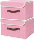 ANMINY 2PCS Storage Bin with Lid Storage Boxes with PU Leather Handles PP Plastic Board Decorative Foldable Lidded Cotton Linen Fabric Home Cubes Baskets Closet Organizer Container - Pink, Medium