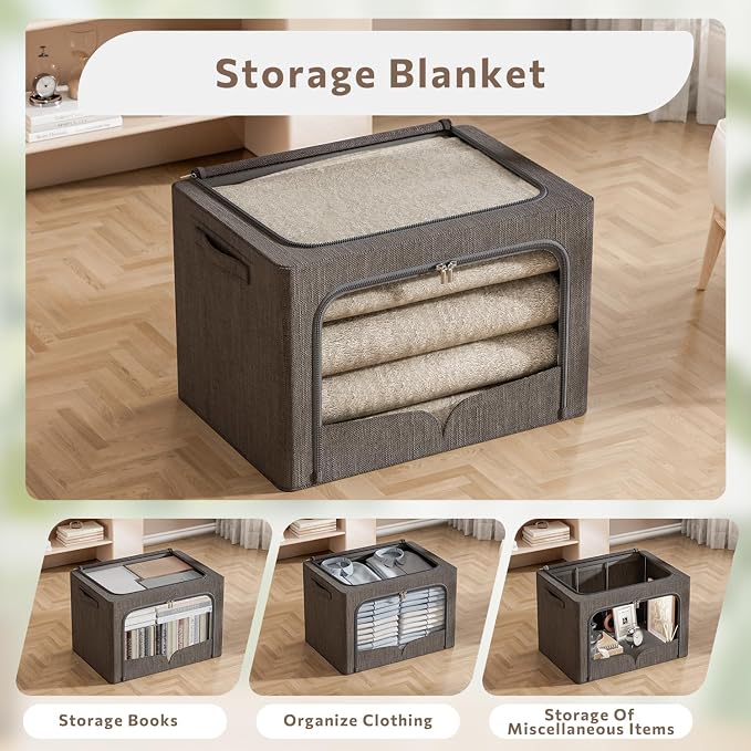 FHSQX 3 Pack Clothes Storage Bins with Metal Frame | Dark Gray, 19.7x15.7x13inch (66L) Foldable , Stackable, Linen Fabric, Carrying Handles, Clear Window