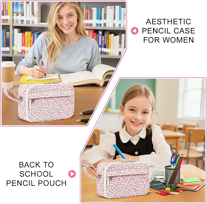 WOBAGMEN Quilted Pencil Pouch, Pink Floral, Girls Women | Large, Compartments, Cute Aesthetic, Organizer, School Supplies